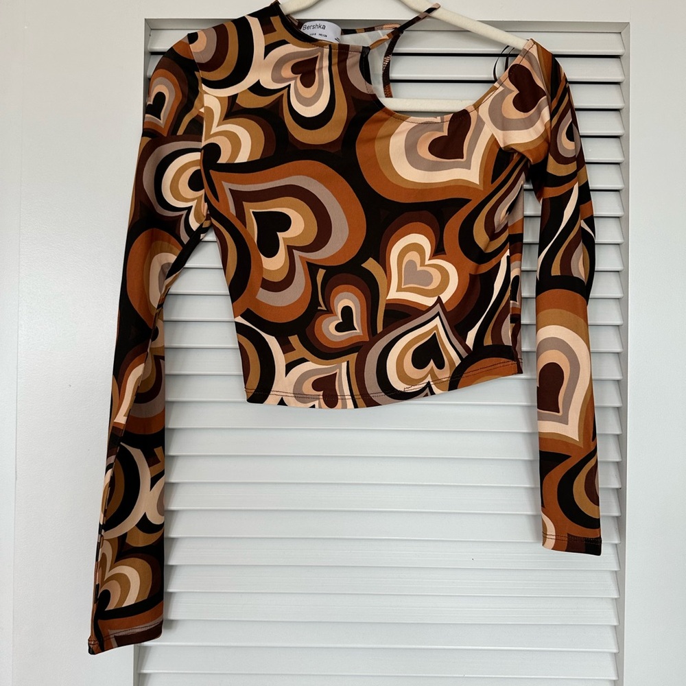 Brown and Cream Heart Patterned Long Sleeve Top